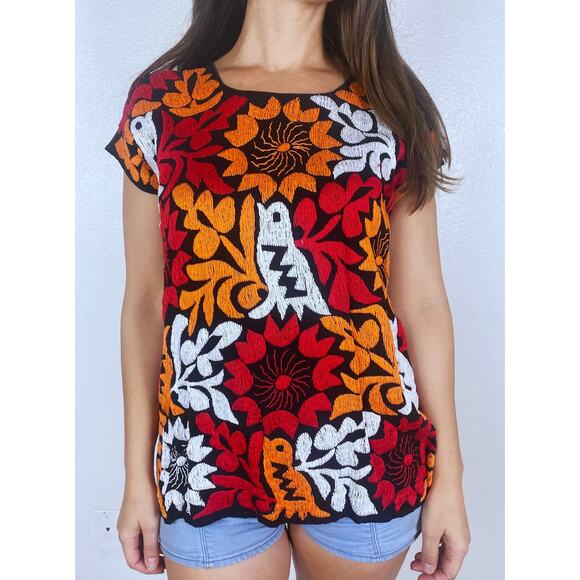 vintage 70s Orange Red EMBROIDERED BIRDS Jalapa Huipil MEXICAN Top os tunic boho - Picture 5 of 10